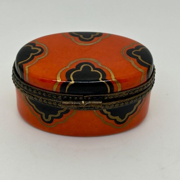 Limoges Oval Trinket Box Handprinted in France Brass Accents Orange-Black Design - Picture 3 of 16